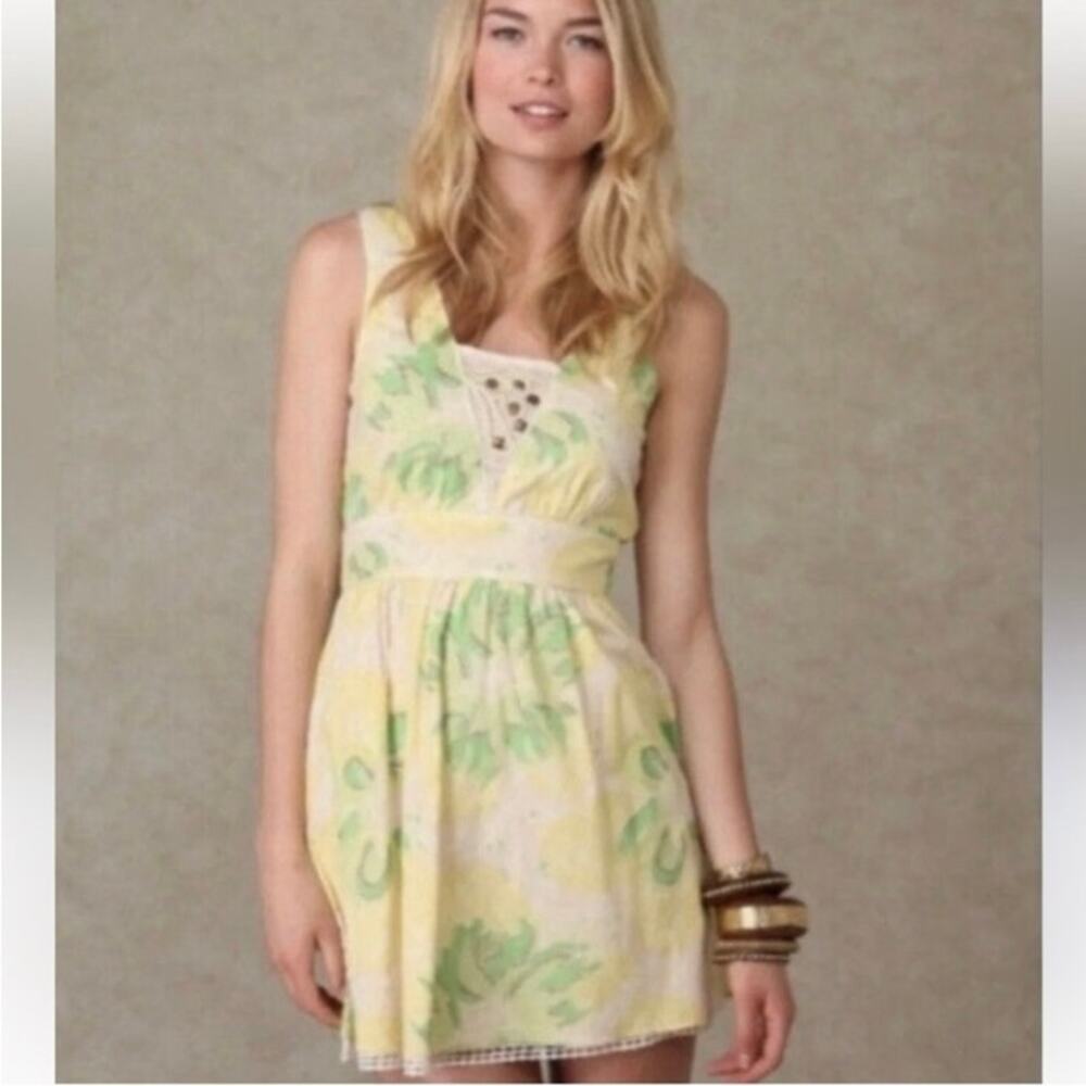 Free People Yellow Green Floral Cotton Mini Sundress Size 8 Boho